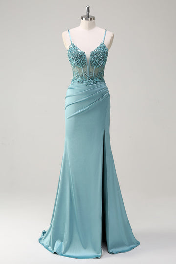Sparkly Blue Mermaid Corset Formal Dress with Slit
